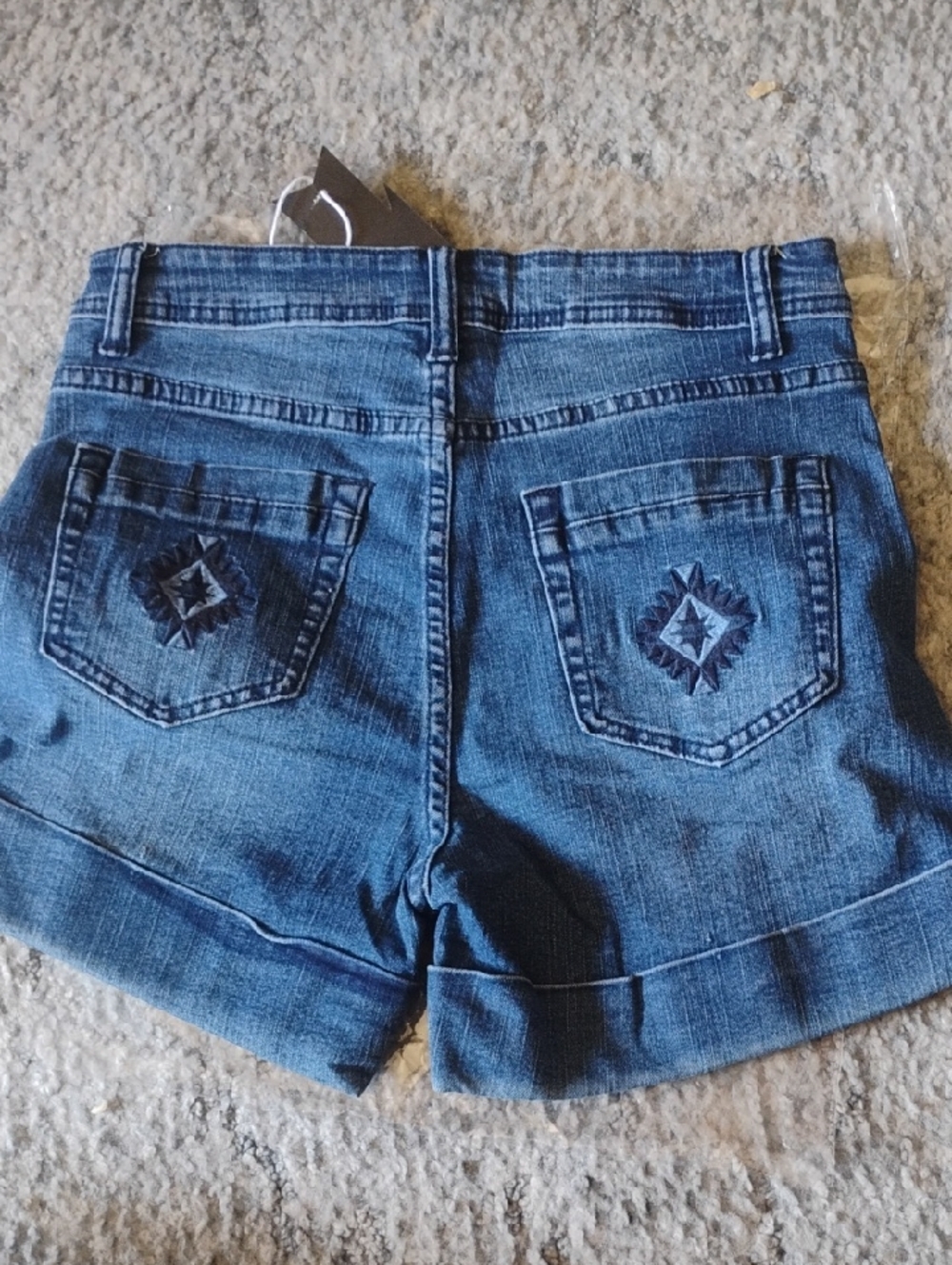 Crazy Train Faded Blue Embroidered Pocket Denim Shorts